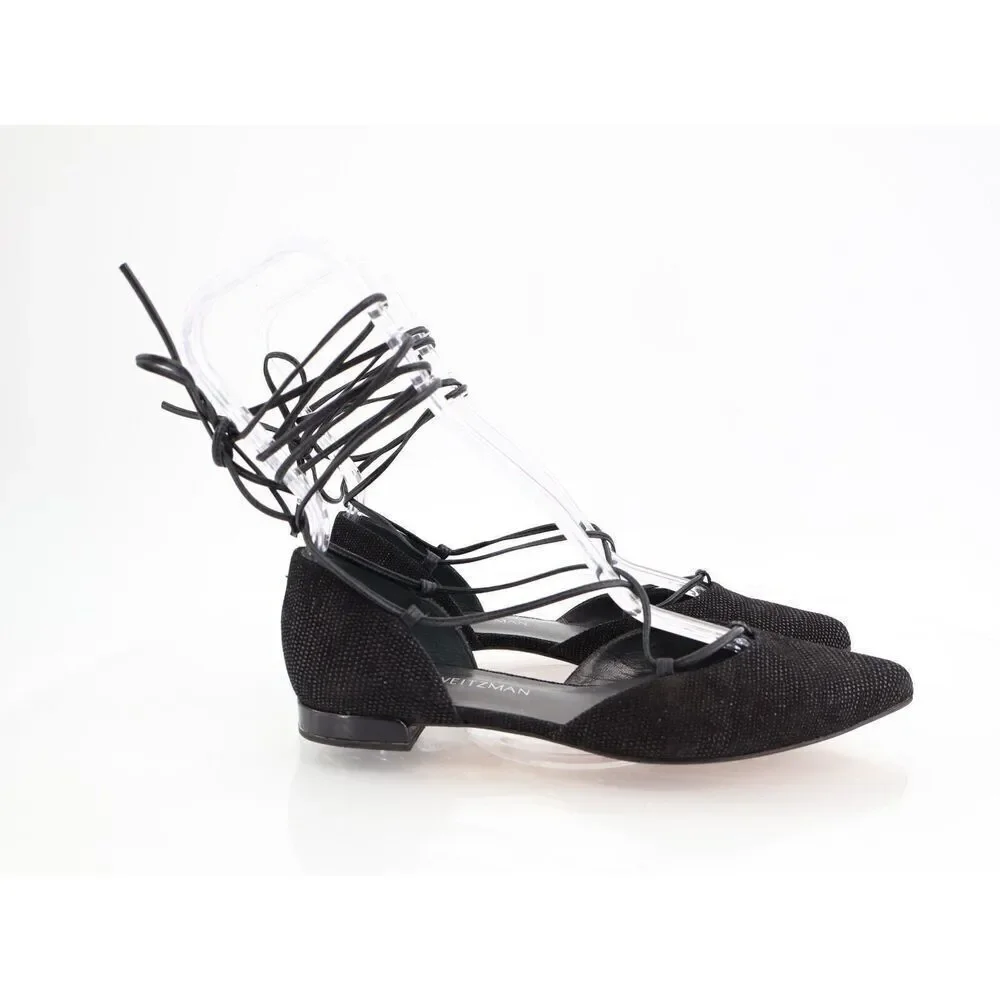 Stuart Weitzman Gilligan Ballet Flats Lace Up Pointed Toe Black Size 6 M Leather